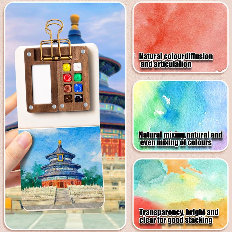 F'DIARY Mini Travel Watercolor Set Pocket Artist Watercolor Travel Set Grid Palette Box Sketch Book Brush Pens With Binder Clips For Painters Artists Students - Image 3